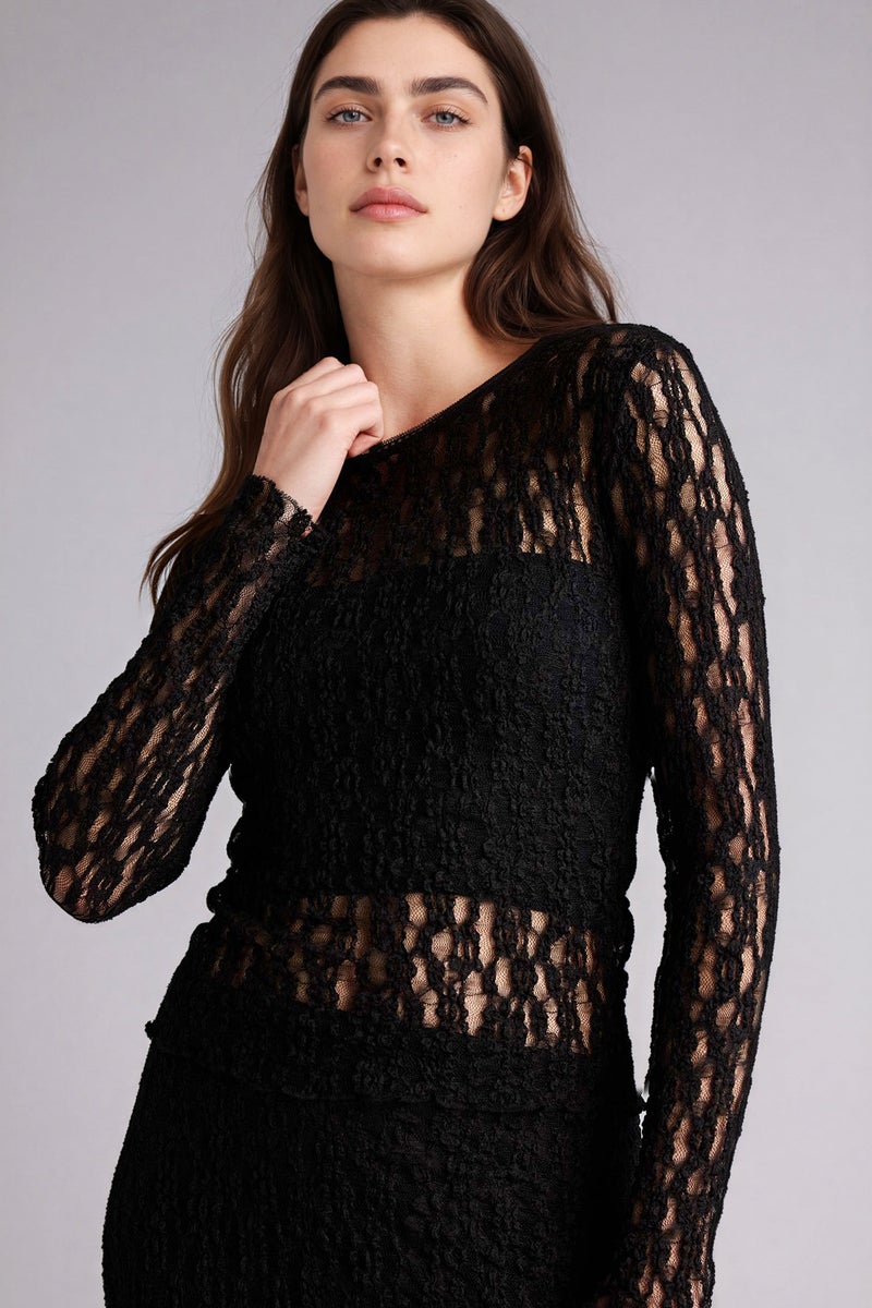 DeFacto Black Woman Fitted Crew Neck Lace Long Sleeve T-Shirt Casual - Image 3